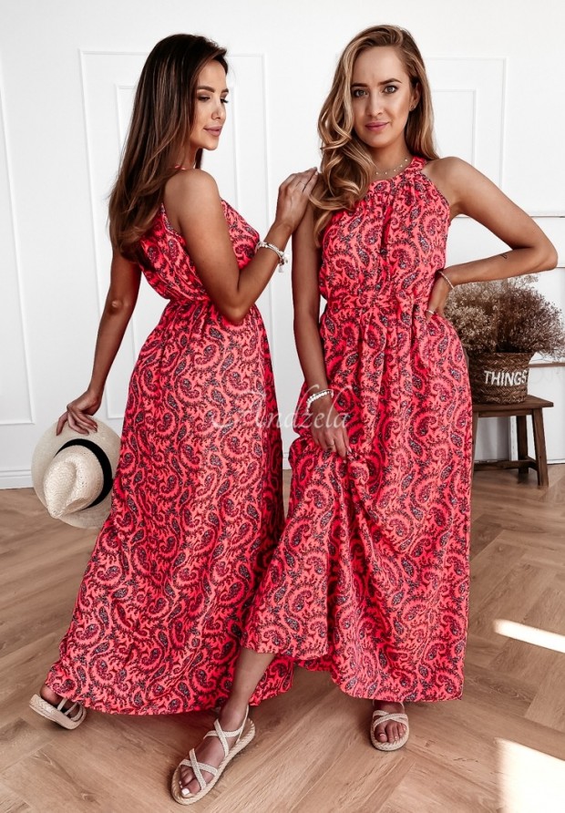 Šaty maxi so vzormi Salvadori neónová ružová