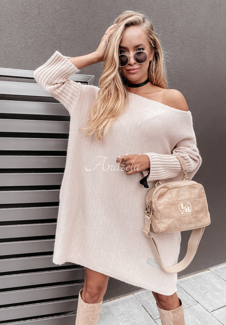 Dzianinowy sweter sukienka oversize California beżowy