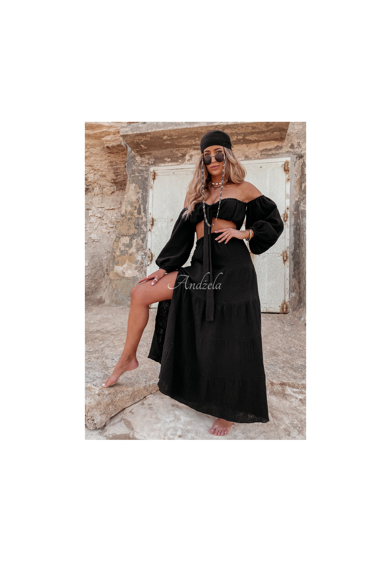 Mušelínová sukňa s rozparkom Malta čierna