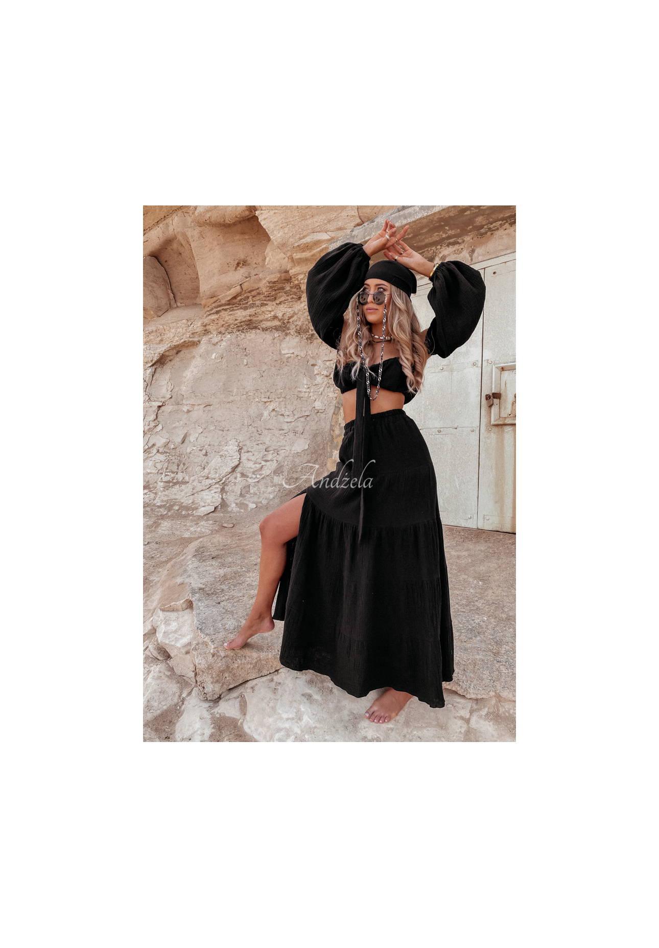 Mušelínová sukňa s rozparkom Malta čierna