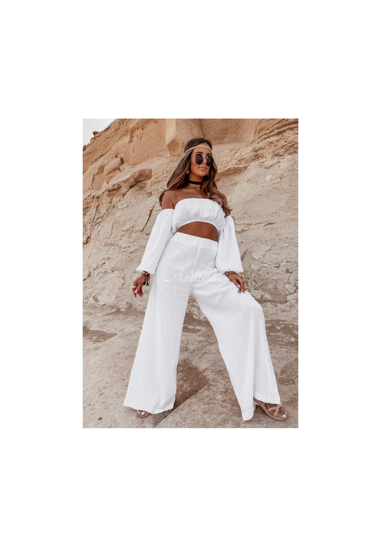 Mušelínové nohavice wide leg Malta Biele