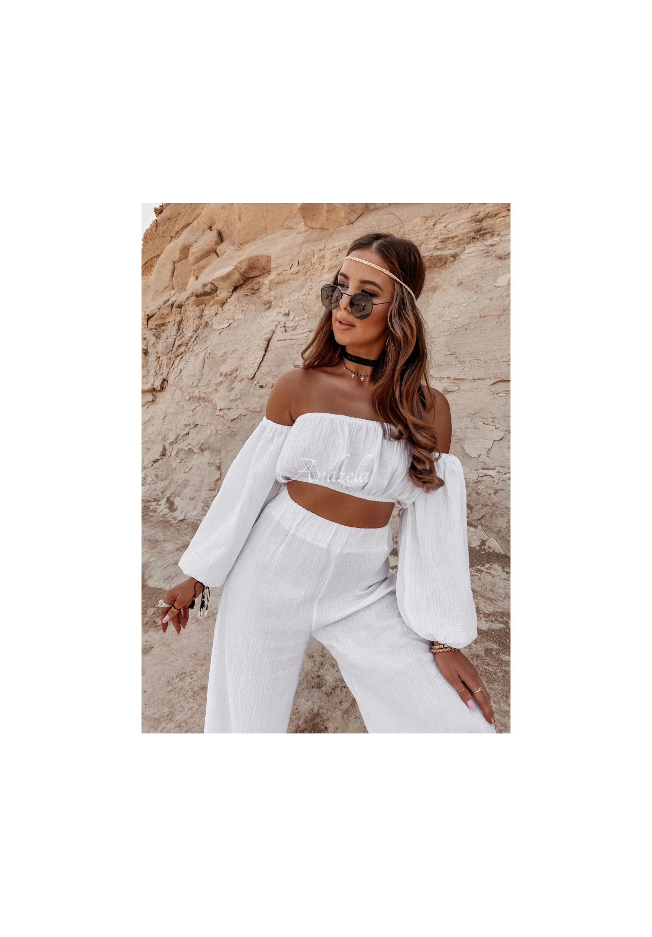 Mušelínové nohavice wide leg Malta Biele