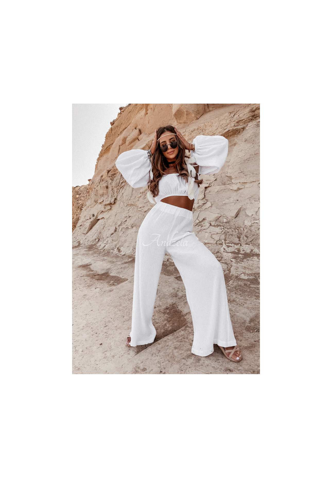 Mušelínové nohavice wide leg Malta Biele