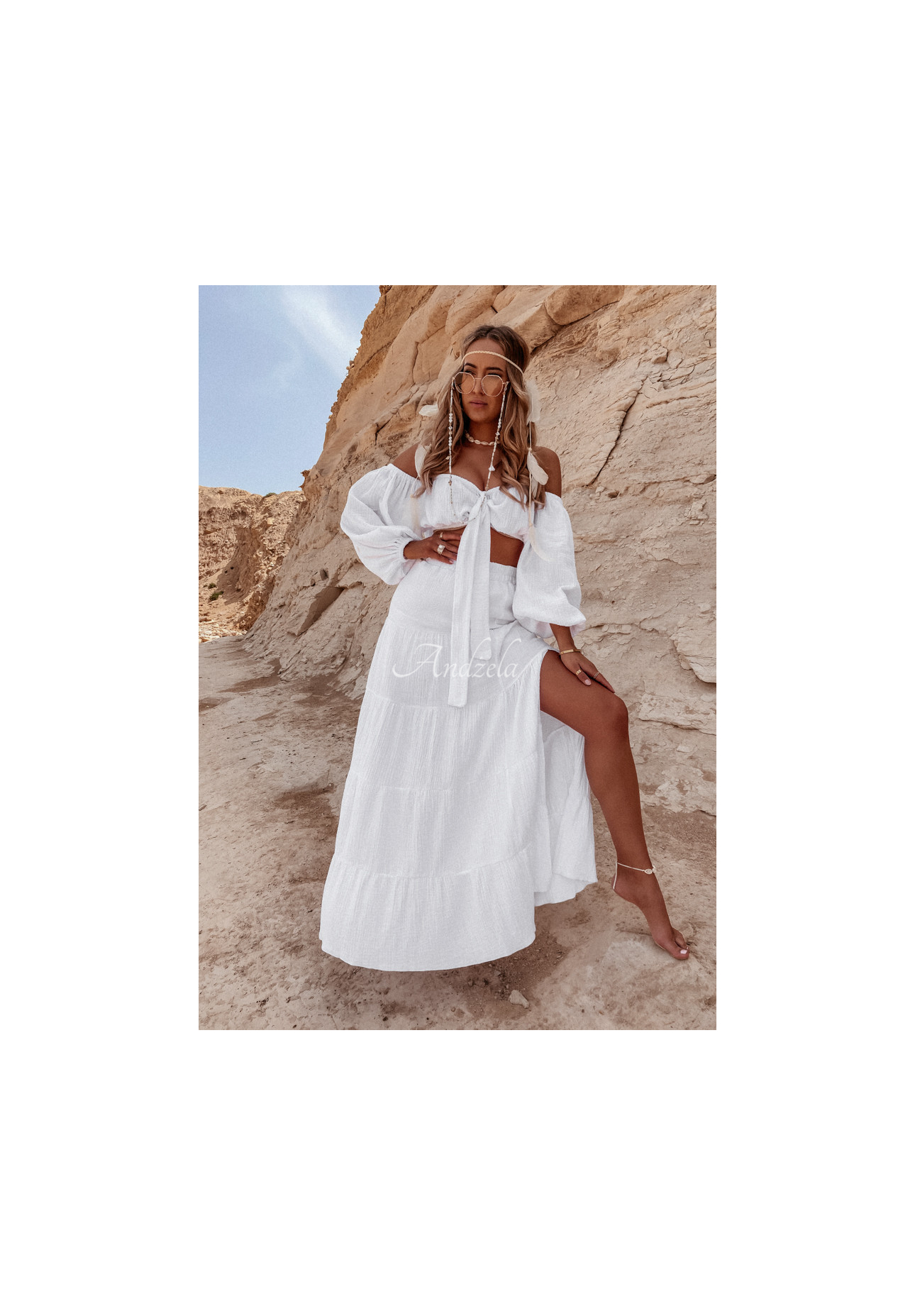 Mušelínová sukňa s rozparkom Malta Biela