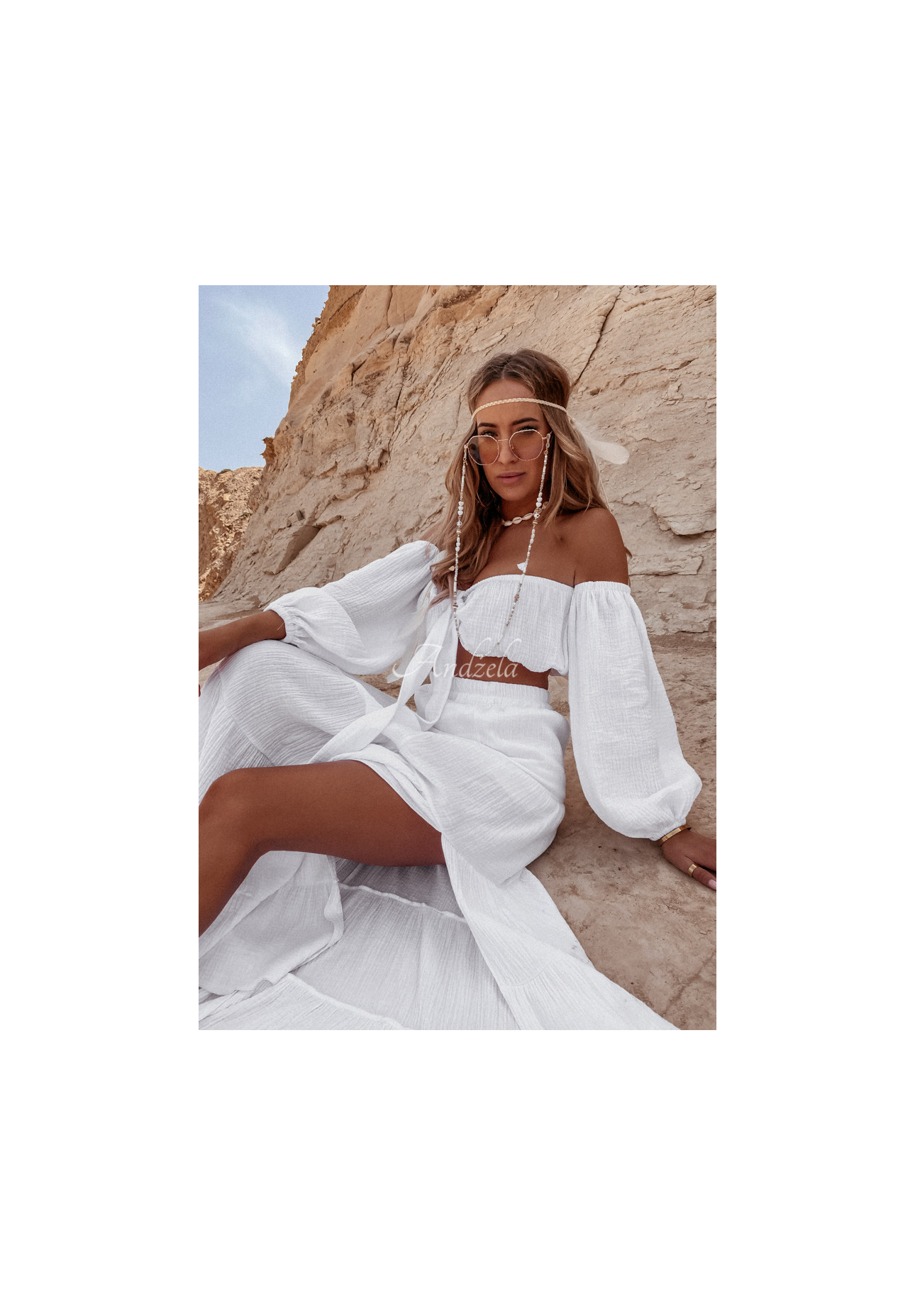 Mušelínová sukňa s rozparkom Malta Biela