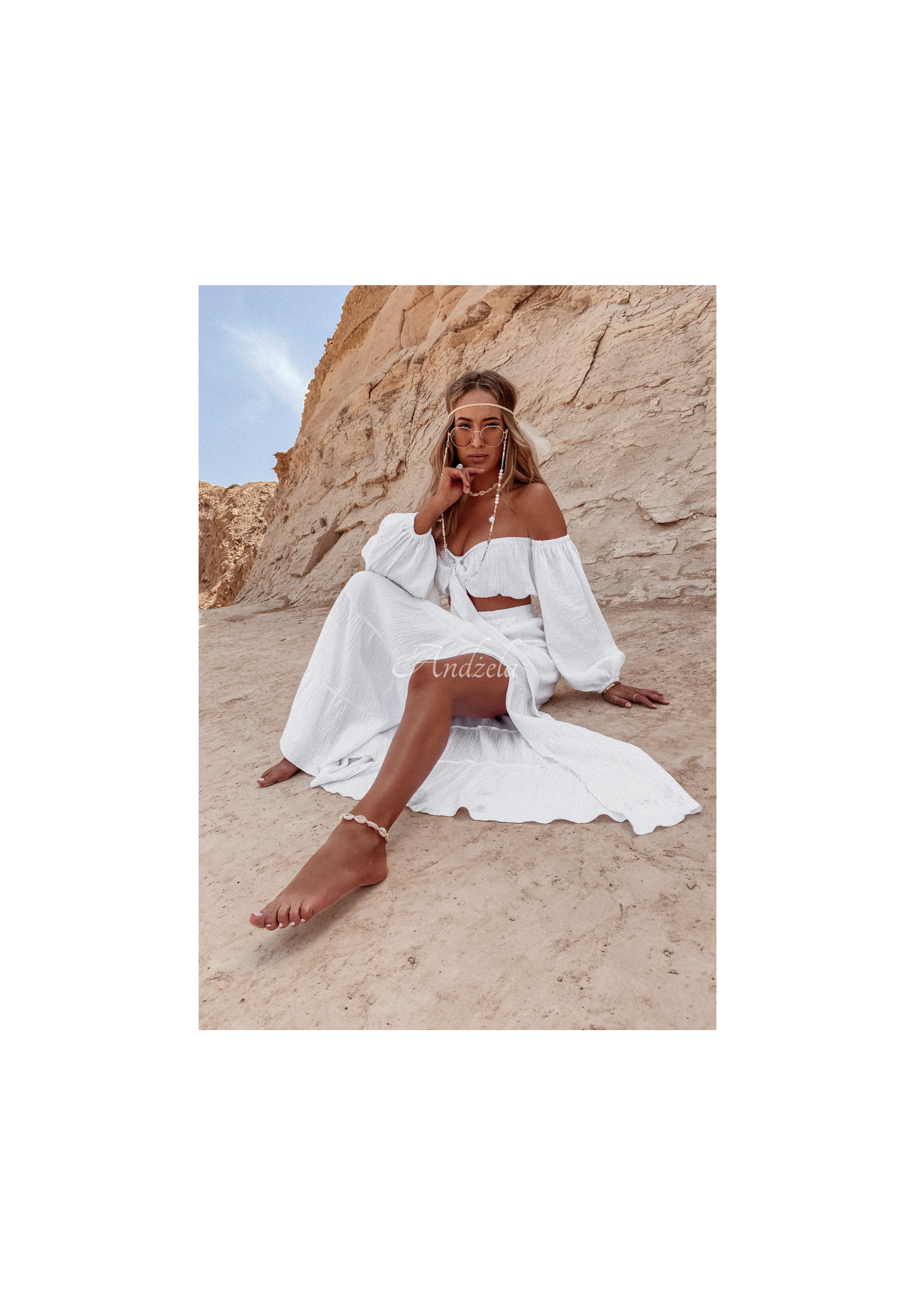 Mušelínová sukňa s rozparkom Malta Biela