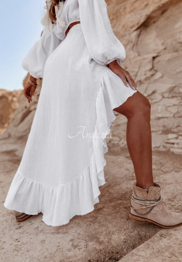 Asymetrická mušelínová sukňa s volánmi Malta Biela