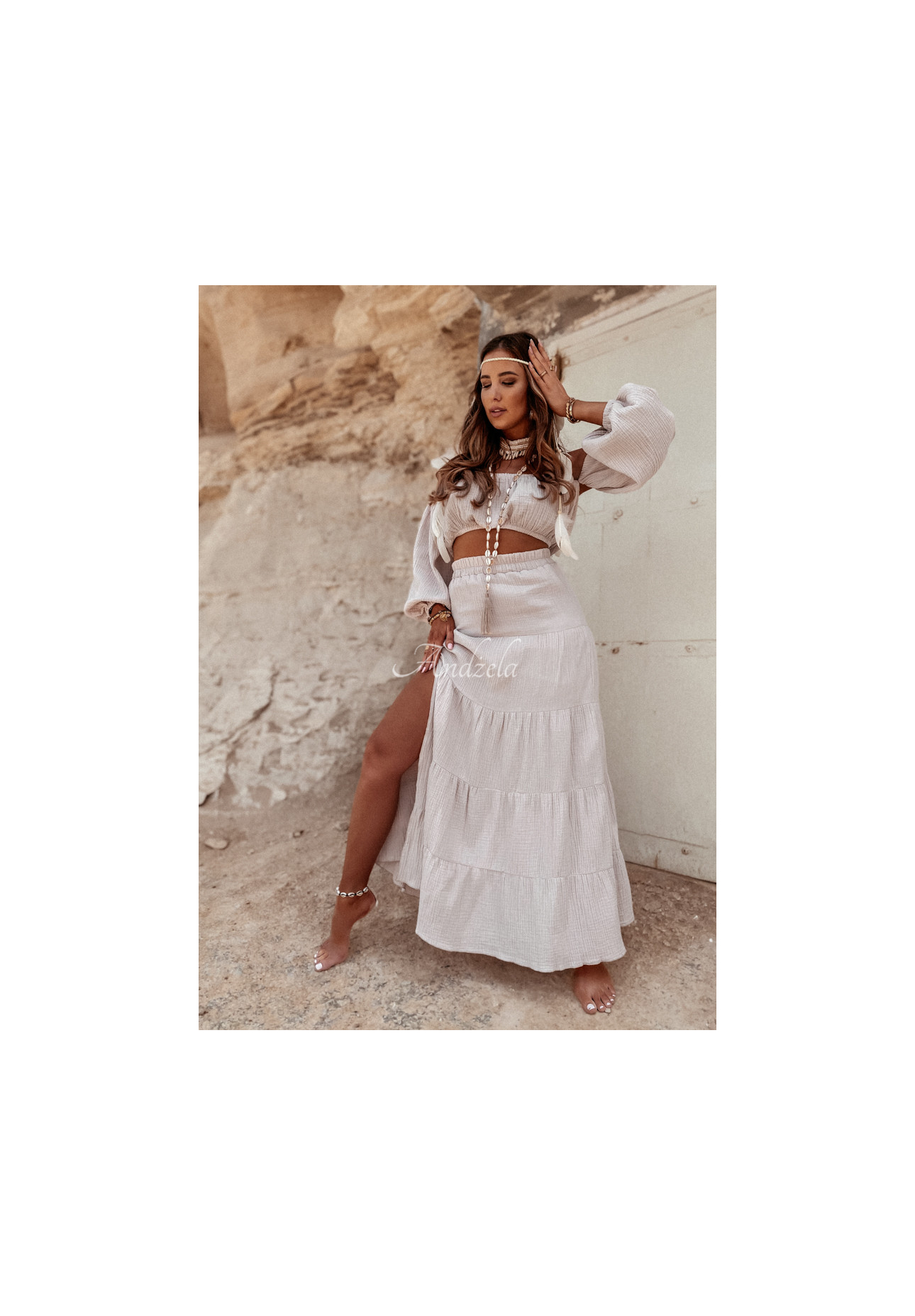 Mušelínová sukňa s rozparkom Malta béžová