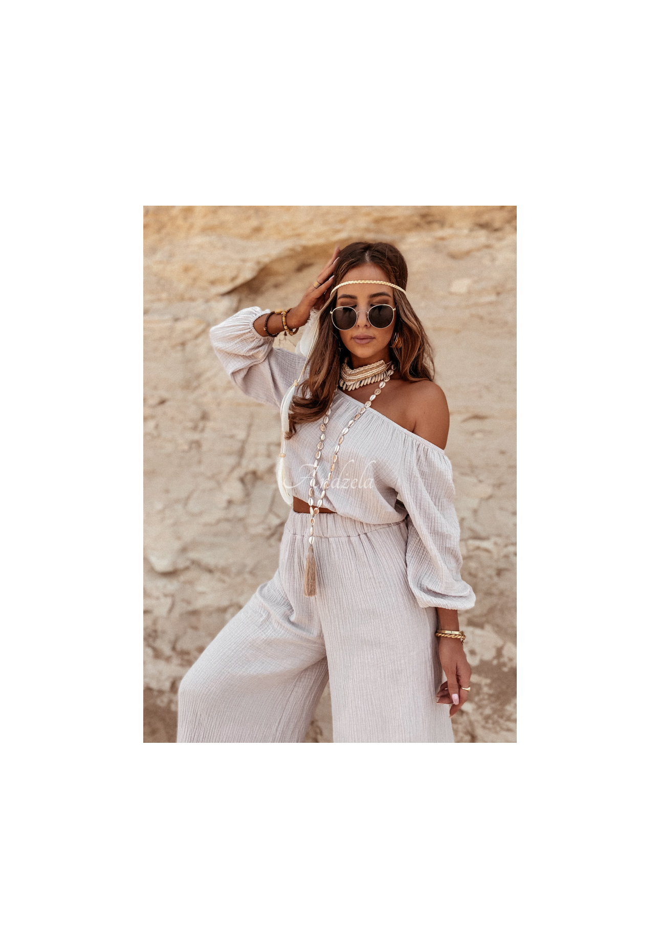 Mušelínové nohavice wide leg Malta béžové