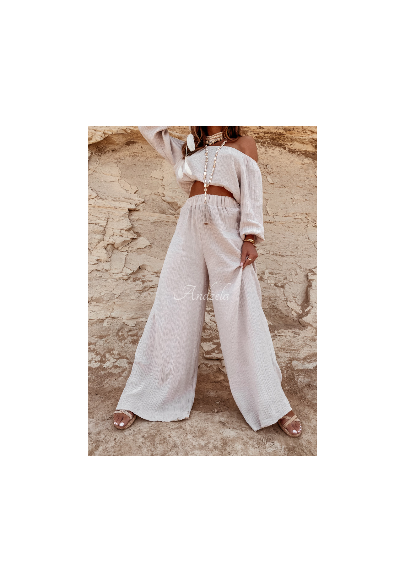 Mušelínové nohavice wide leg Malta béžové