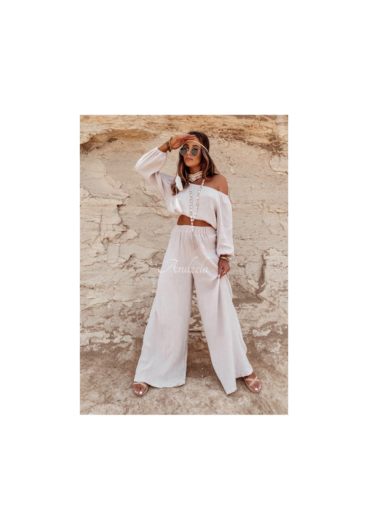 Mušelínové nohavice wide leg Malta béžové