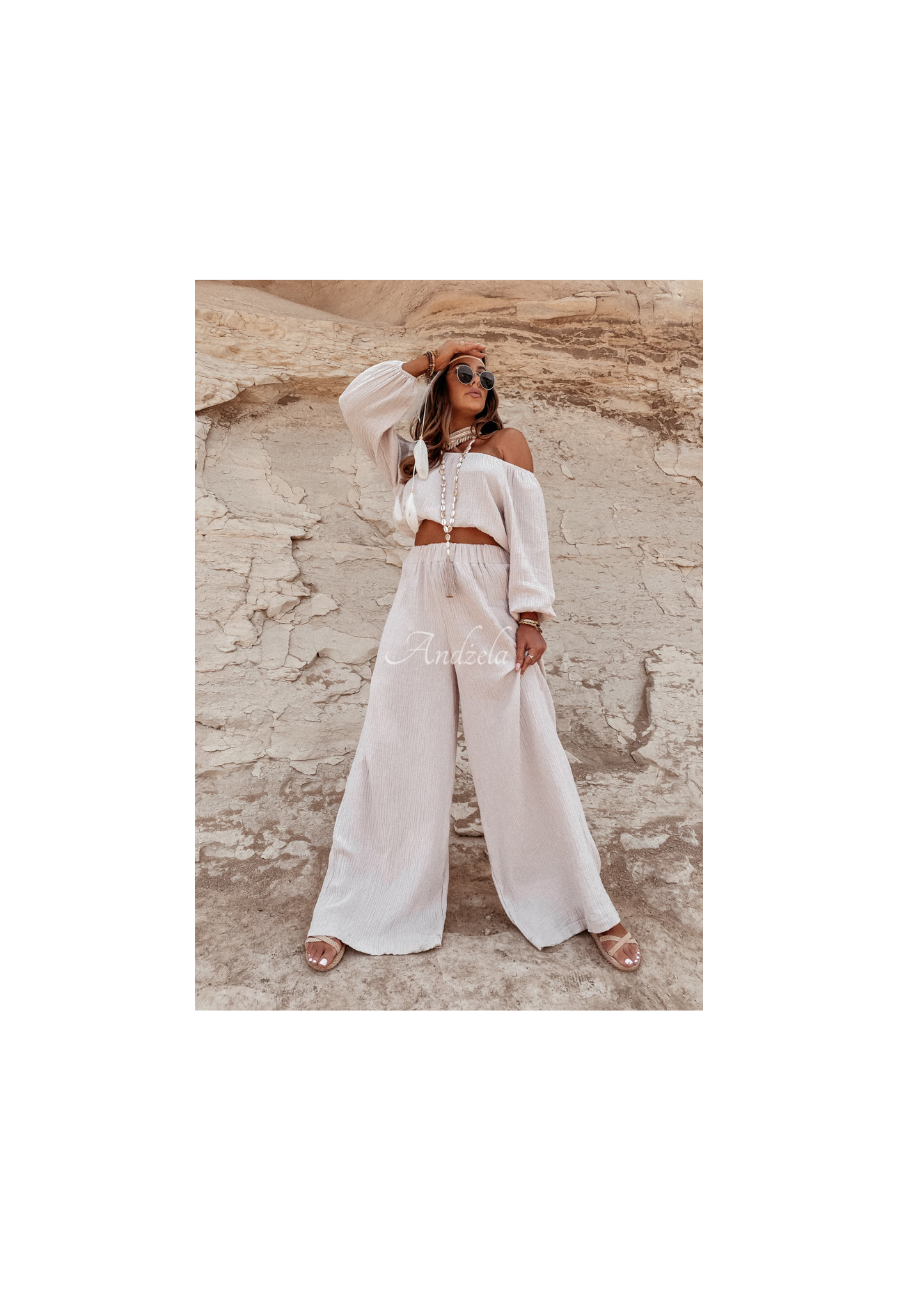 Mušelínové nohavice wide leg Malta béžové