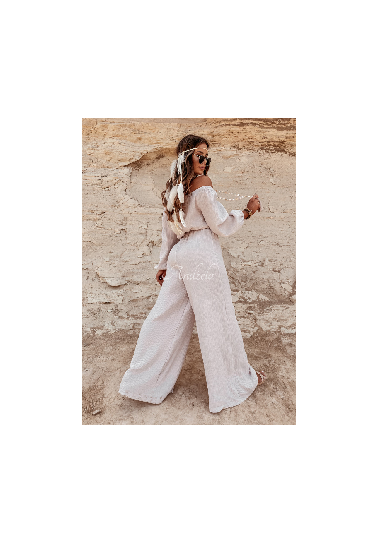 Mušelínové nohavice wide leg Malta béžové