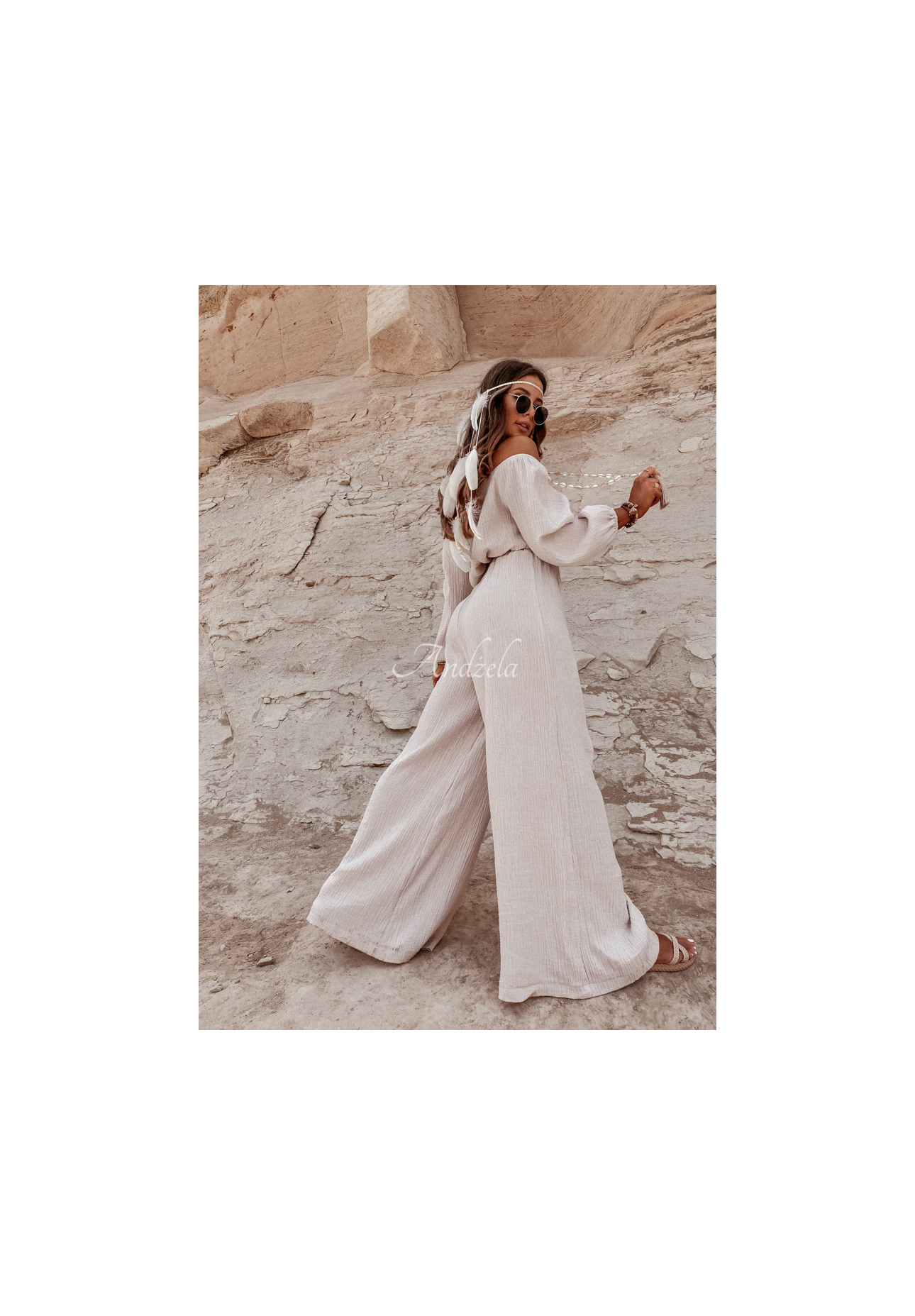 Mušelínové nohavice wide leg Malta béžové