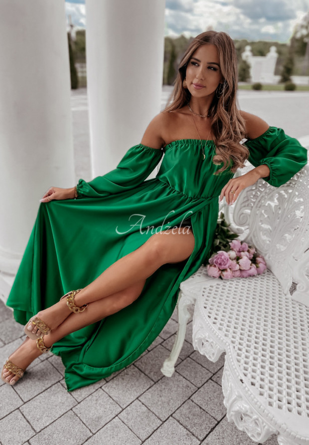 Saténové šaty španielka s rozparkom La Serena zelená
