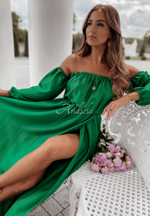 Saténové šaty španielka s rozparkom La Serena zelená