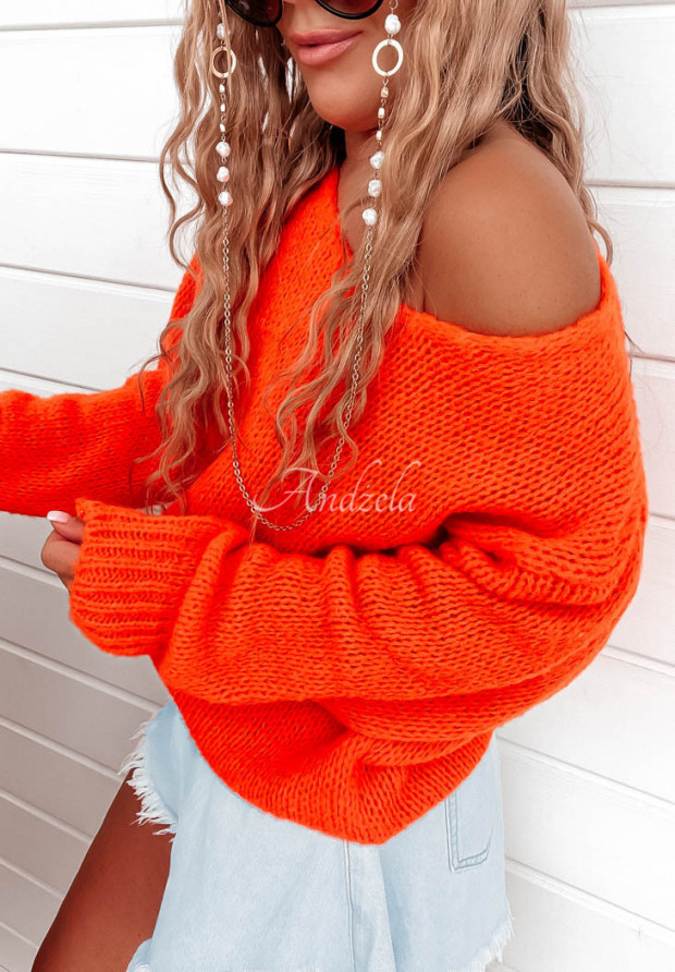 Krátky sveter s výstrihom Stratford neónový oranžový