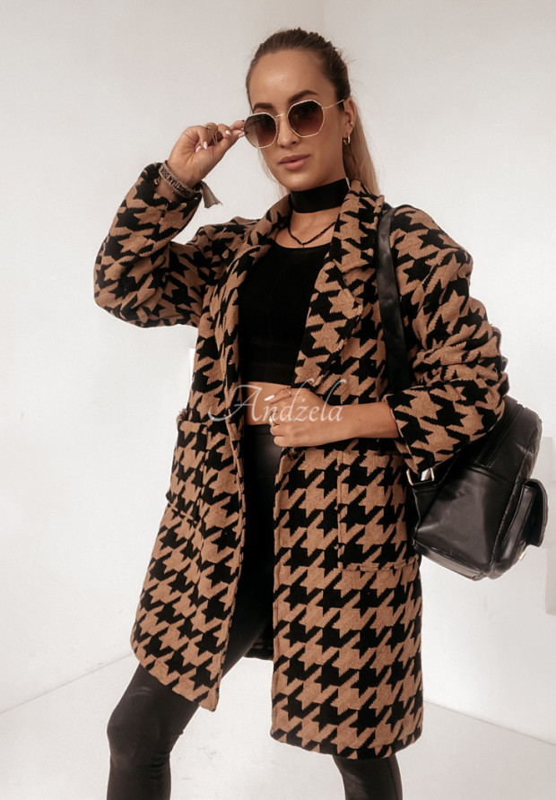 Kabát s pepito vzorom Moderno camelowo-čierne