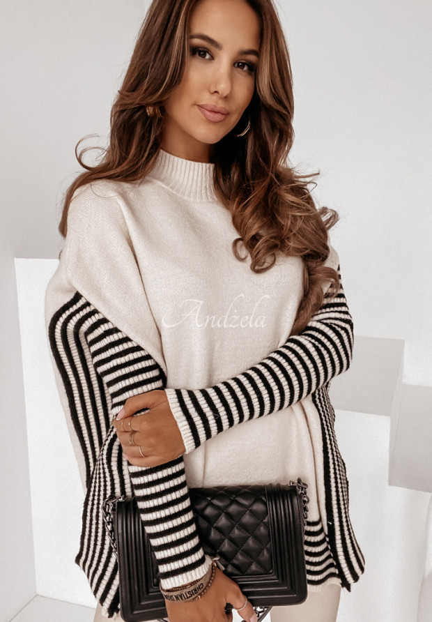 Pruhovaný sveter oversize s rázporkami Marilda béžový