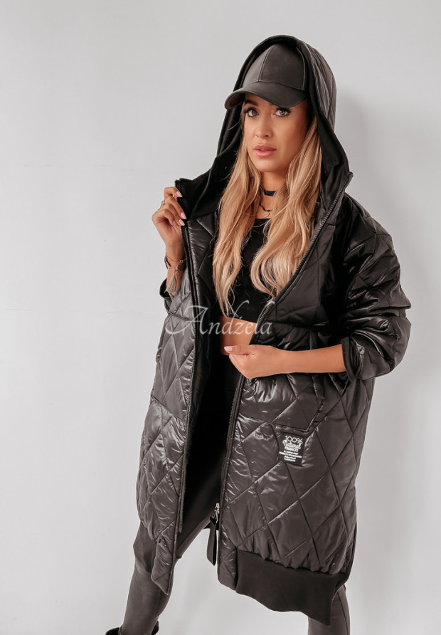 Dlhá prešívaná bunda oversize s kapucňou Vemello čierna