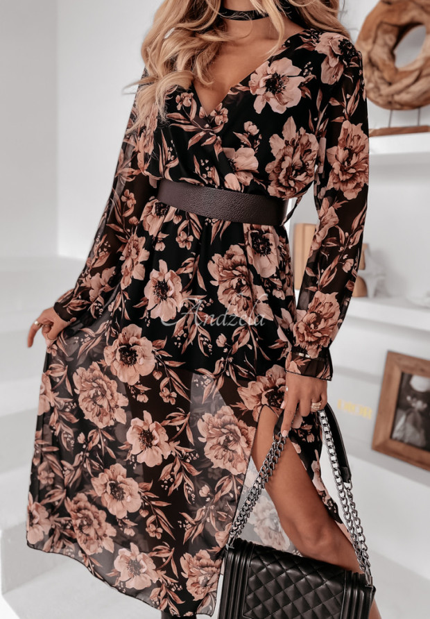 Kvetinové šaty s obálkovým výstrihom Velleda čierna