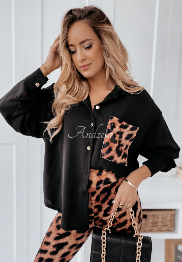 Asymetrická oversize košeľa s vreckom s leopardím vzorom Shantala čierna