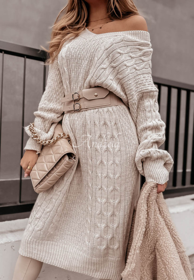 Ozdobne pletené svetrové šaty Nadia béžová