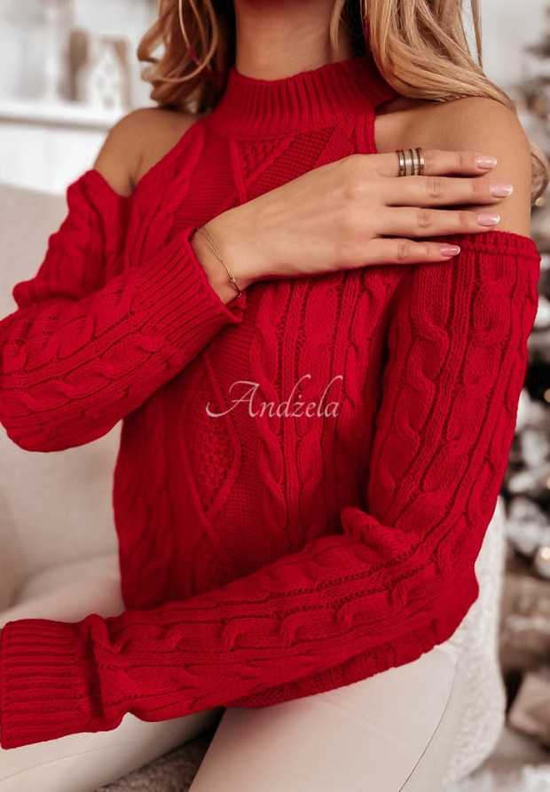 Ozdobne pletený sveter s otvorenými ramenami Aurori červený