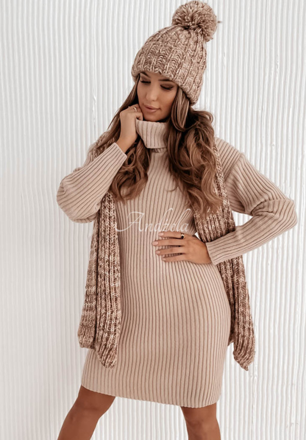 Rebrované šaty sveter s rolákom Marisol béžová