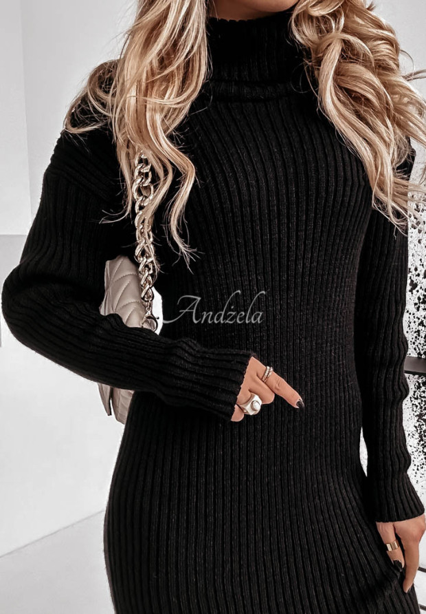 Rebrované šaty sveter s rolákom Marisol čierna