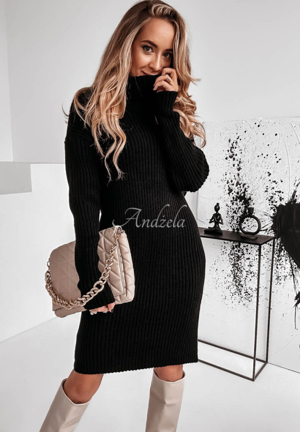 Rebrované šaty sveter s rolákom Marisol čierna