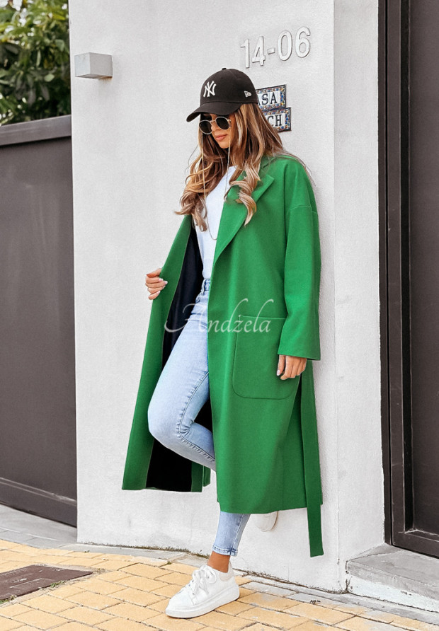 Dlhý oversize kabát s opaskom Less In More zelený