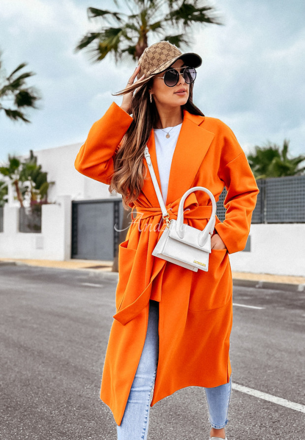 Dlhý oversize kabát s opaskom Less In More oranžový