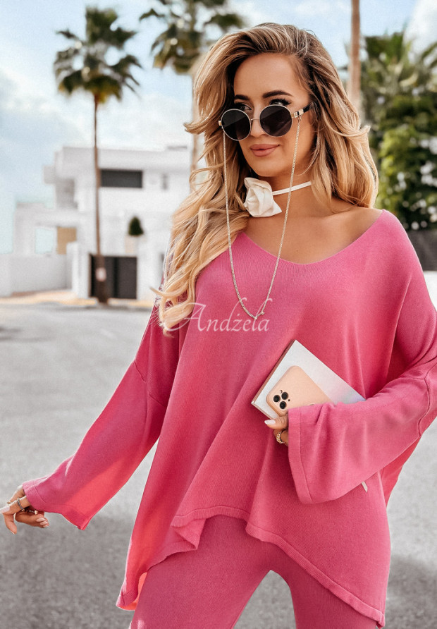 Ľahký sveter oversize s výstrihom Back To Basics ružový