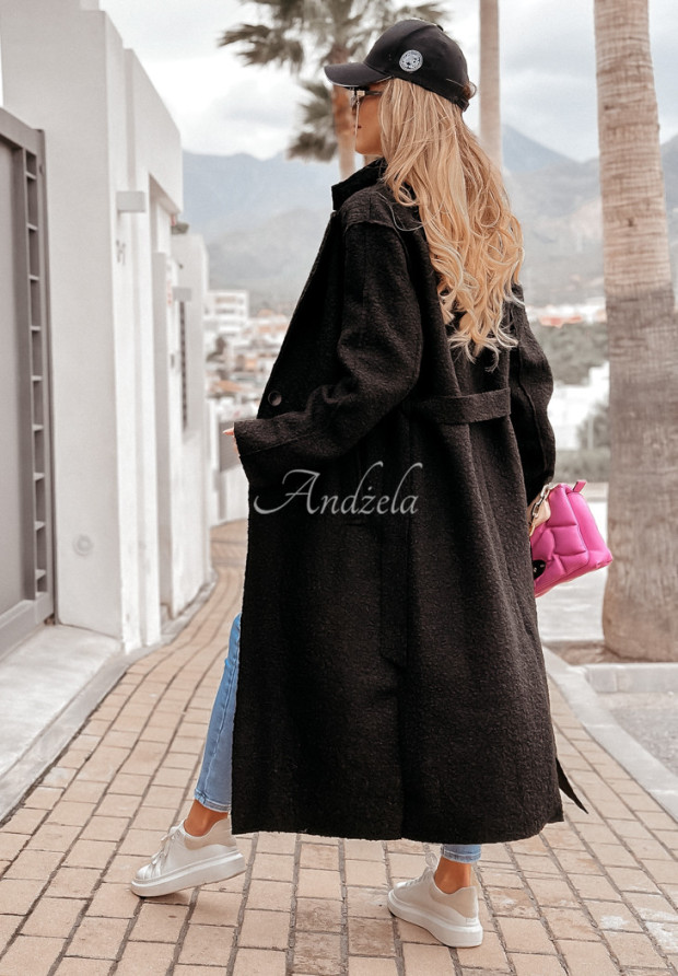 Dlhý kabát z imitácie kožušiny s opaskom Vincente čierne