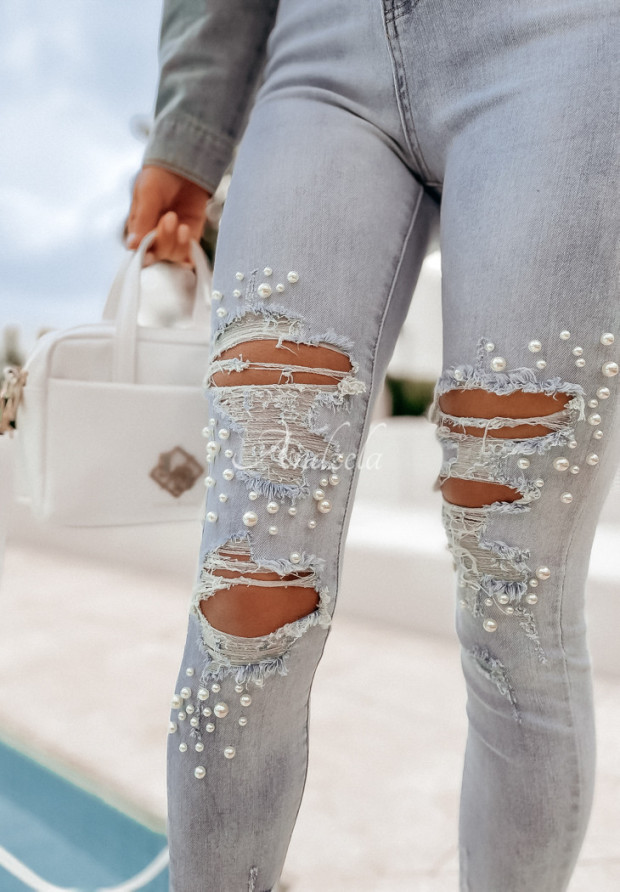 Nohavice džínsové s odreninami a perličkami La Costanera svetlomodré