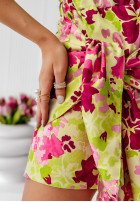 Sukňa w kwiaty z wiązaniem Florence limonkowo-ružová