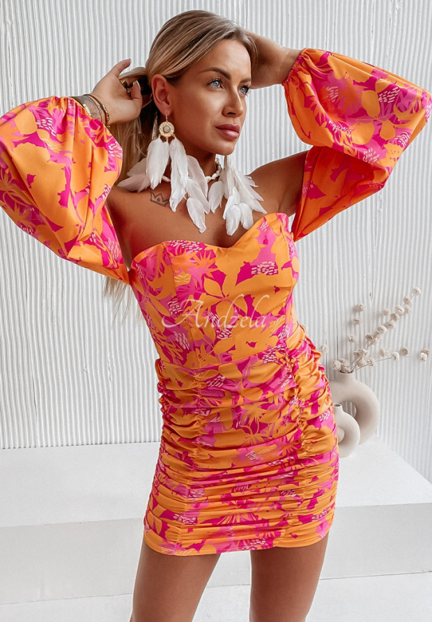 Kvetované šaty španielky s nariasením Roselia oranžová