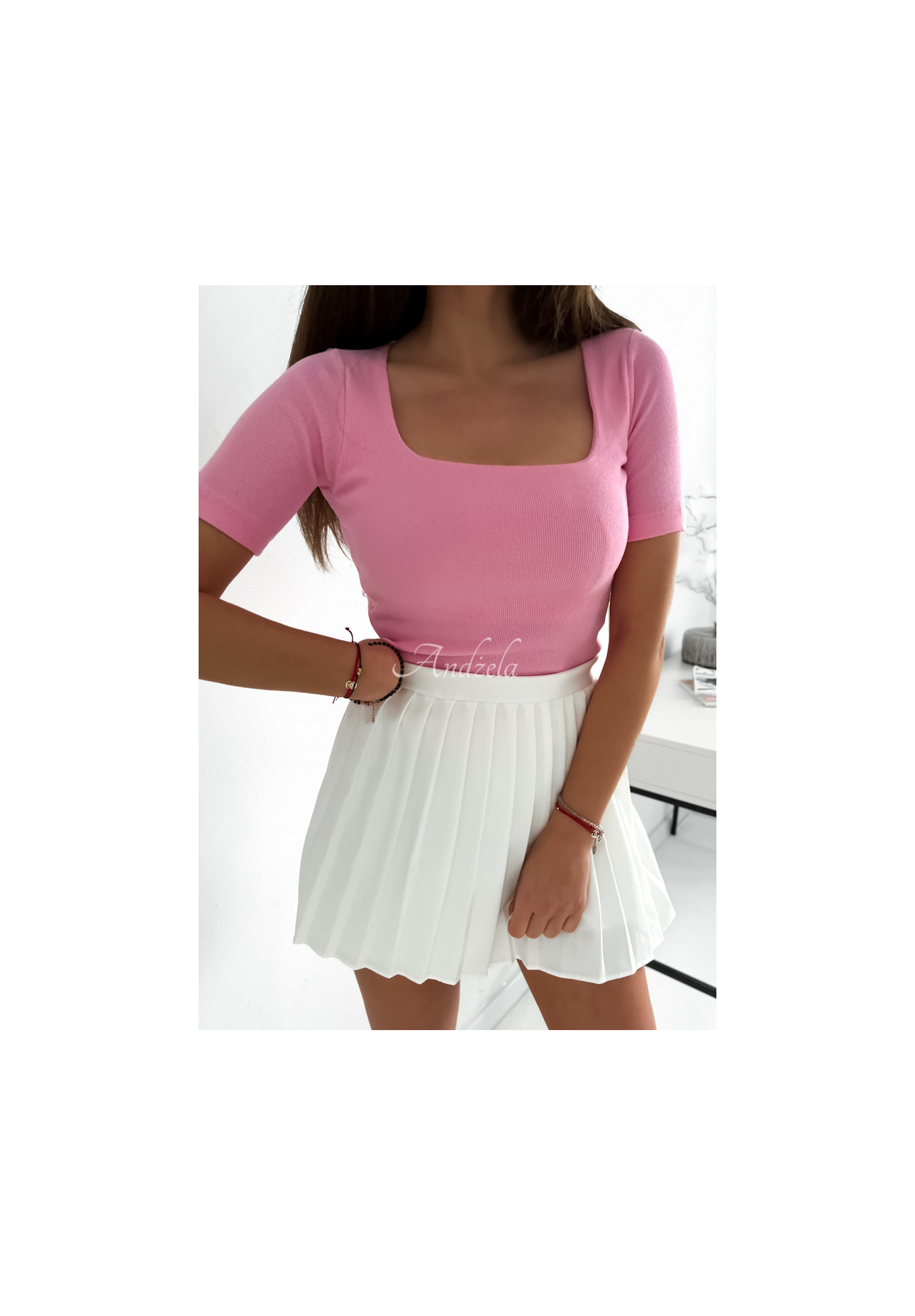 Rebrovaná blúzka so štvorcovým výstrihom Trust Yourself ružová