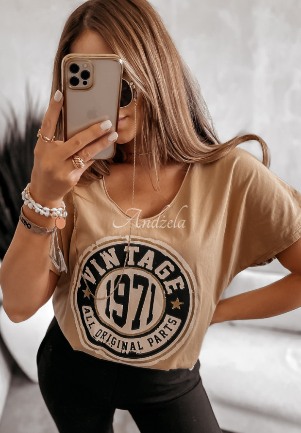 Tičko oversize s potlačou Vintage 1971 ťavý