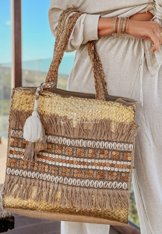 Pletená kabelka s korálkami a mušľami boho Water And Waves zlatá
