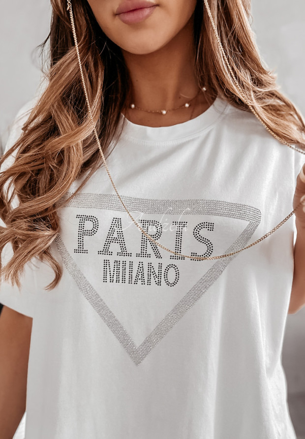 Tričko oversize s ozdobnou aplikáciou Paris Milano Biela