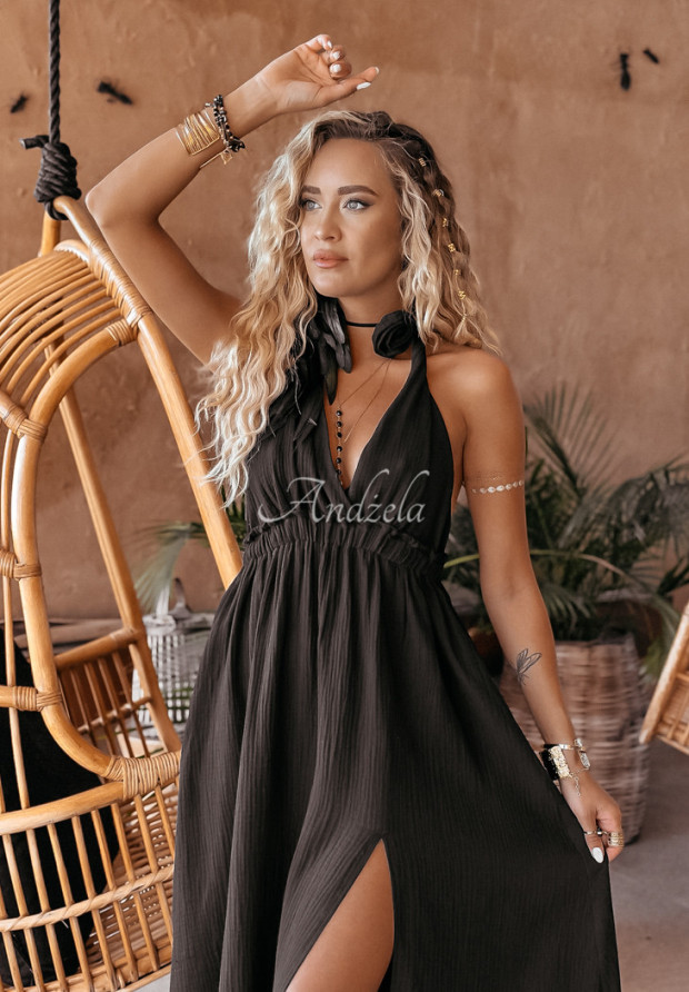 Mušelínové maxi šaty s rozparkom Aloha Beaches čierna