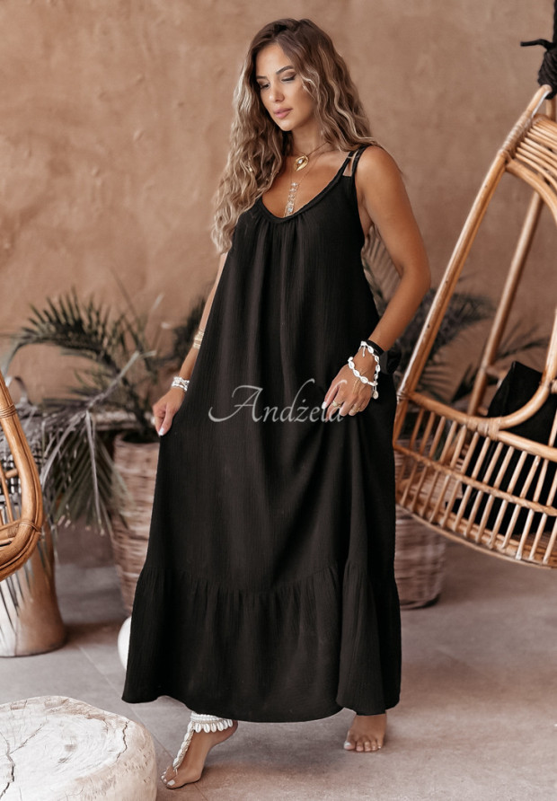 Mušelínové šaty na ramienka maxi Aloha Beaches II čierna