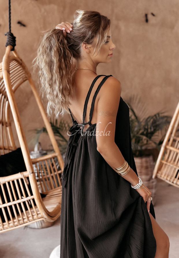 Mušelínové šaty na ramienka maxi Aloha Beaches II čierna