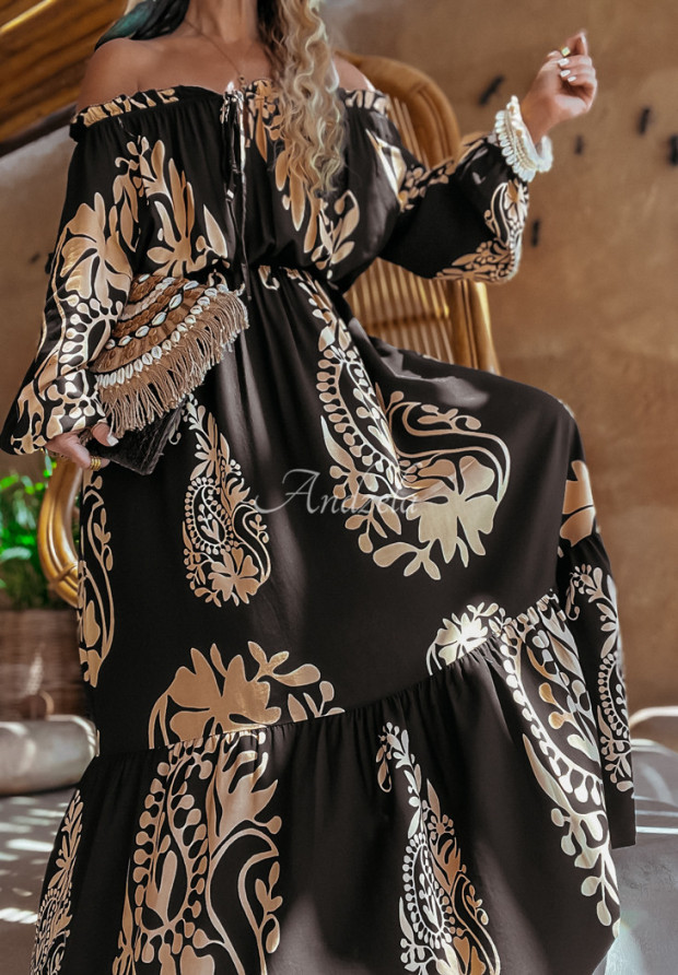 Vzorované maxi šaty s volánikmi Symphony čierna