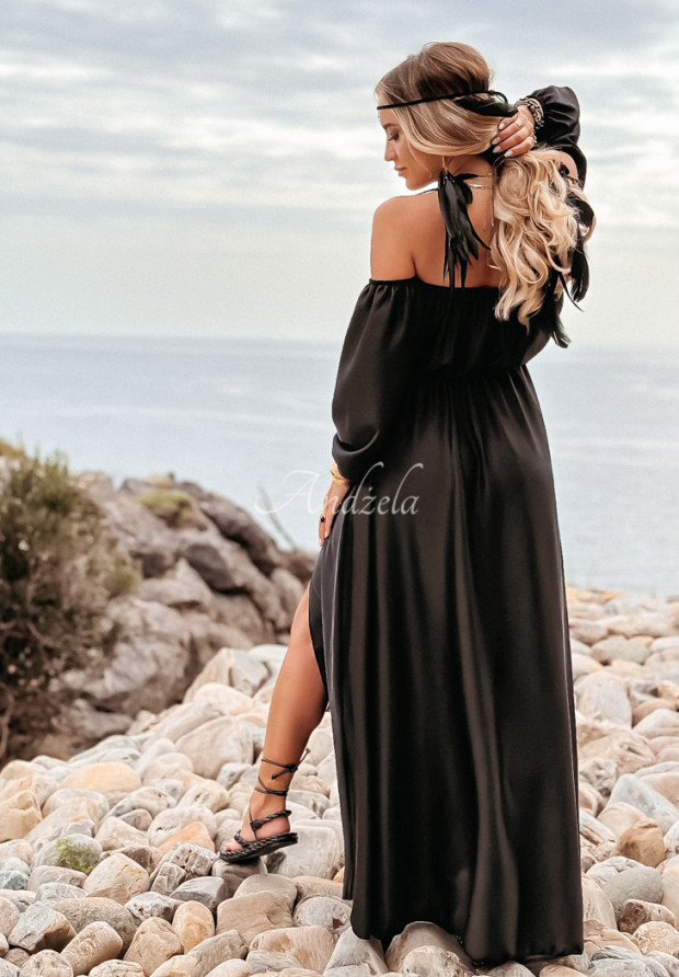 Saténové šaty španielka s rozparkom La Serena čierna