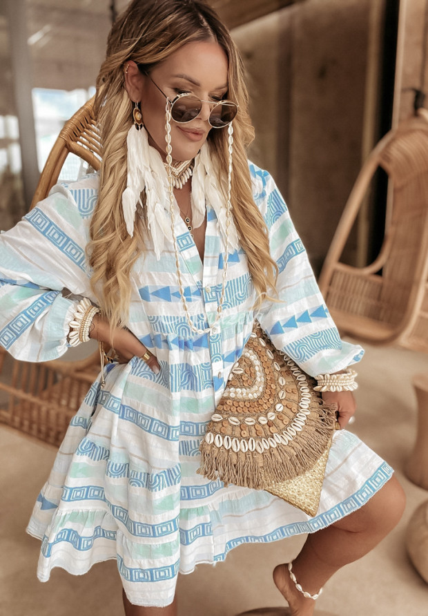 Vzorované oversize šaty s volánmi Gypsy Rose modro-mentolová