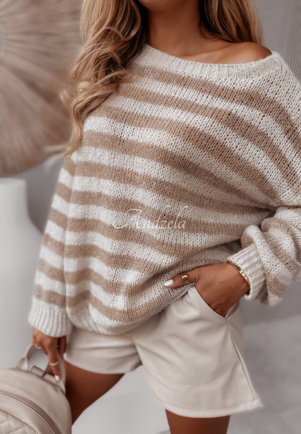 Krátky sveter s pruhmi Emberly béžový