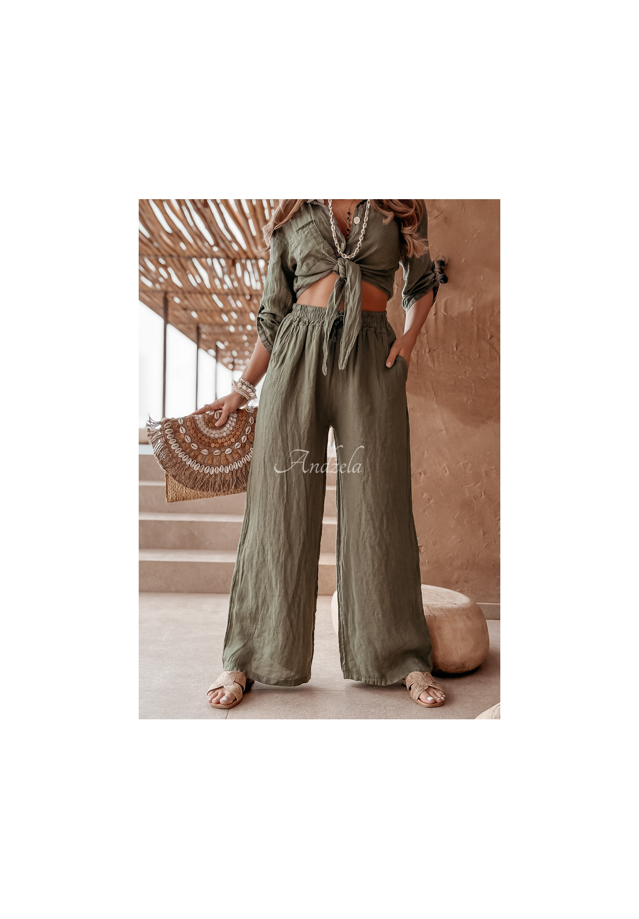 Ľanové nohavice Summery Essentials khaki